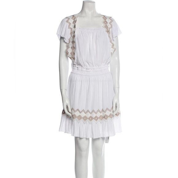 Ramy Brook White Tan Trim Mini Dress Eyelet Smocked Waist Vacation Large NWT - Picture 5 of 15